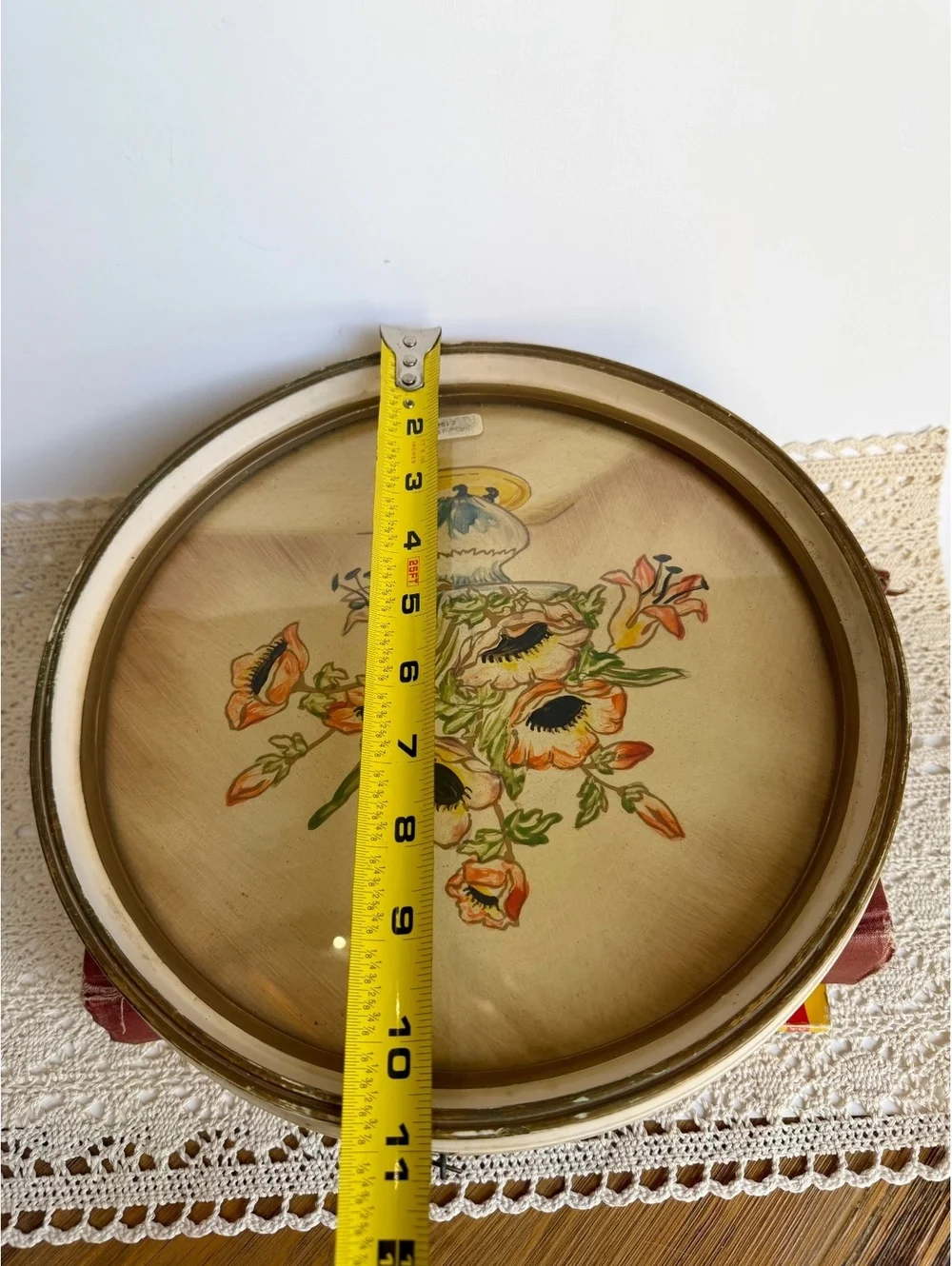 Vintage 1940s Hand Painted Floral Wall Art Round Peony Painting Ivory Frame